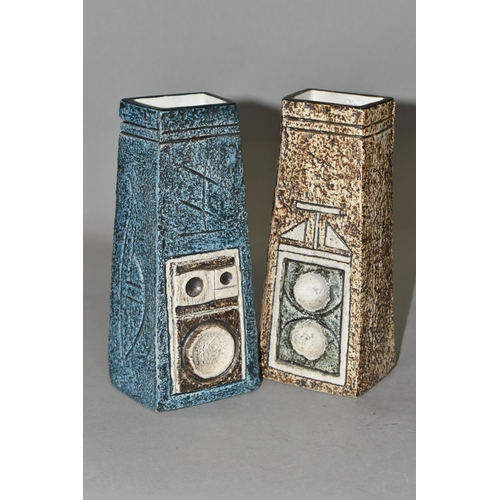 374 - TWO TROIKA POTTERY COFFIN VASES, in shades of blue, grey and brown, with impressed and incised decor... 