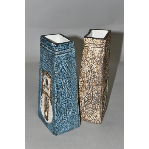 374 - TWO TROIKA POTTERY COFFIN VASES, in shades of blue, grey and brown, with impressed and incised decor... 