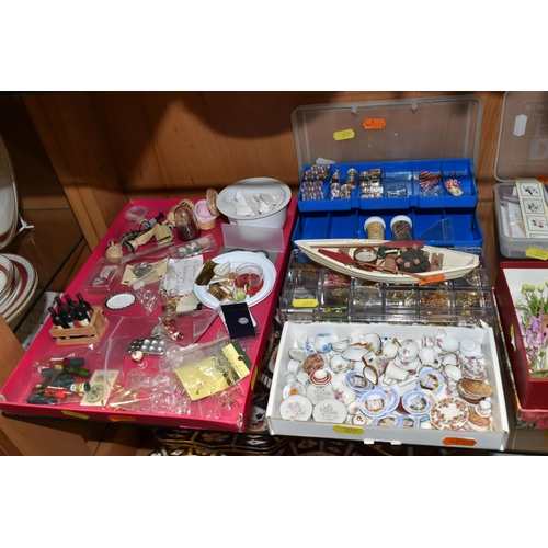 379 - A COLLECTION OF DOLLS HOUSE ITEMS, to include two silver tureens and a tantalus from Simply Silver, ... 