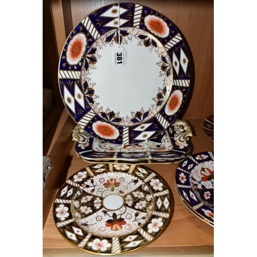 381 - NINE ROYAL CROWN DERBY AND SIMILAR IMARI PLATES, comprising a Royal Crown Derby 1128 side plate and ... 