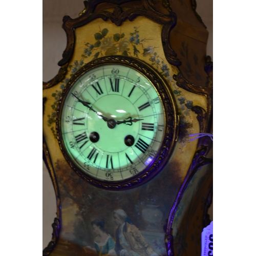 383 - A FRENCH VERNIS MARTIN STYLE MANTLE CLOCK, painted with a couple in a landscape and floral sprays, b... 