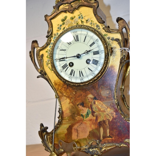 383 - A FRENCH VERNIS MARTIN STYLE MANTLE CLOCK, painted with a couple in a landscape and floral sprays, b... 