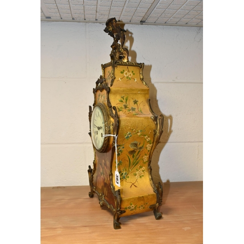 383 - A FRENCH VERNIS MARTIN STYLE MANTLE CLOCK, painted with a couple in a landscape and floral sprays, b... 