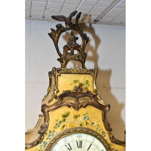 383 - A FRENCH VERNIS MARTIN STYLE MANTLE CLOCK, painted with a couple in a landscape and floral sprays, b... 