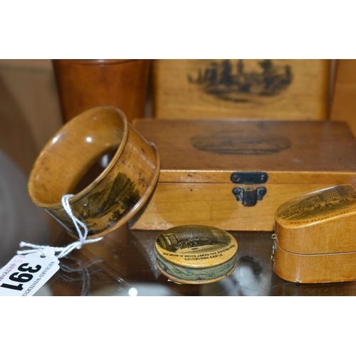 391 - A COLLECTION OF MAUCHLINE WARE, ten pieces to include various boxes, thimble case, pincushions, and ... 