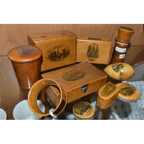 391 - A COLLECTION OF MAUCHLINE WARE, ten pieces to include various boxes, thimble case, pincushions, and ... 