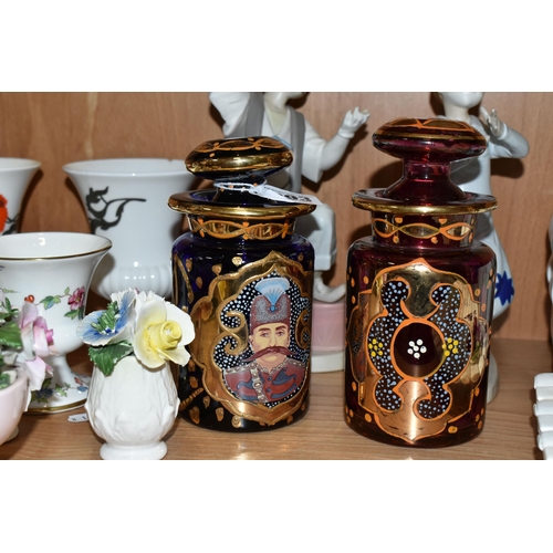 393 - A COLLECTION OF CERAMICS, GLASS AND SUNDRY ITEMS, to include two gilt Turkish? glass jars with lids,... 