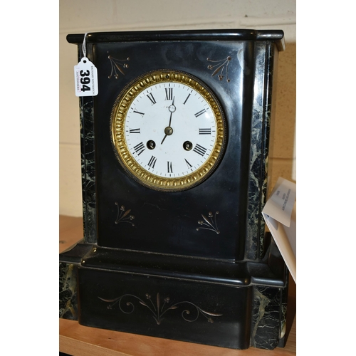 394 - TWO MANTEL CLOCKS, comprising a black slate mantel clock, green and black marble pillars, height 30c... 