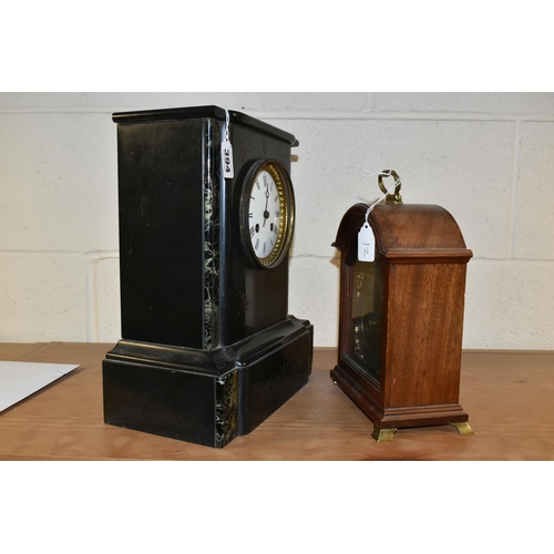 394 - TWO MANTEL CLOCKS, comprising a black slate mantel clock, green and black marble pillars, height 30c... 