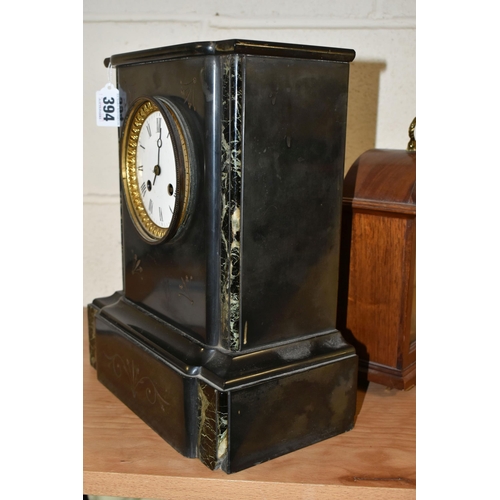 394 - TWO MANTEL CLOCKS, comprising a black slate mantel clock, green and black marble pillars, height 30c... 