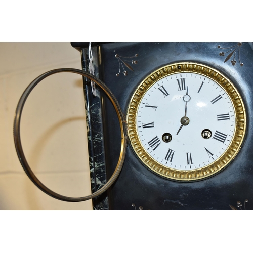 394 - TWO MANTEL CLOCKS, comprising a black slate mantel clock, green and black marble pillars, height 30c... 