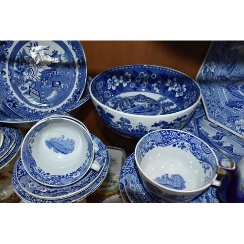 398 - A GROUP OF SPODE BLUE AND WHITE TEAWARE, comprising a Carlton Ware flow blue teapot (glued base), tw... 