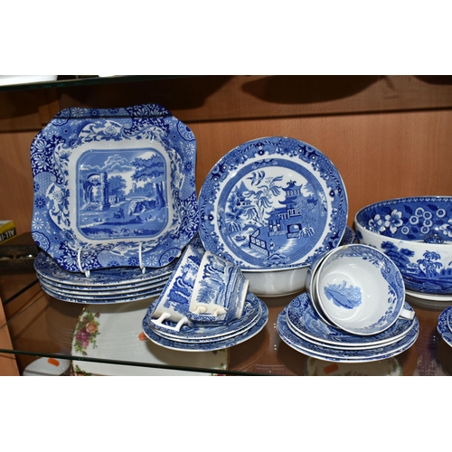 398 - A GROUP OF SPODE BLUE AND WHITE TEAWARE, comprising a Carlton Ware flow blue teapot (glued base), tw... 