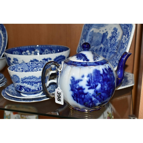 398 - A GROUP OF SPODE BLUE AND WHITE TEAWARE, comprising a Carlton Ware flow blue teapot (glued base), tw... 