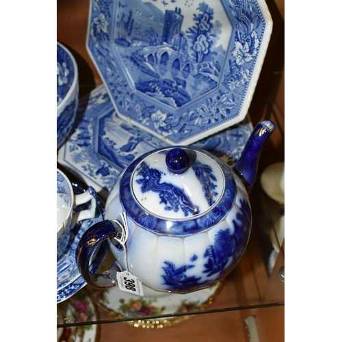 398 - A GROUP OF SPODE BLUE AND WHITE TEAWARE, comprising a Carlton Ware flow blue teapot (glued base), tw... 