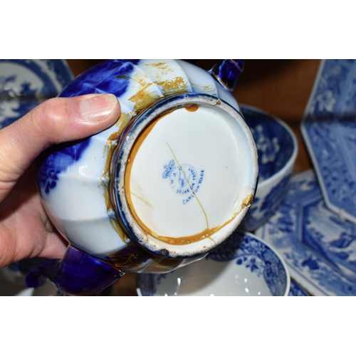 398 - A GROUP OF SPODE BLUE AND WHITE TEAWARE, comprising a Carlton Ware flow blue teapot (glued base), tw... 