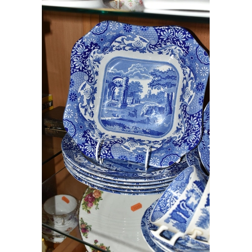 398 - A GROUP OF SPODE BLUE AND WHITE TEAWARE, comprising a Carlton Ware flow blue teapot (glued base), tw... 