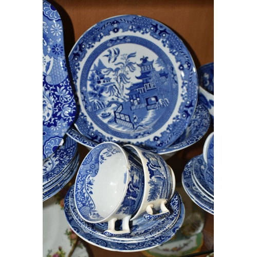 398 - A GROUP OF SPODE BLUE AND WHITE TEAWARE, comprising a Carlton Ware flow blue teapot (glued base), tw... 