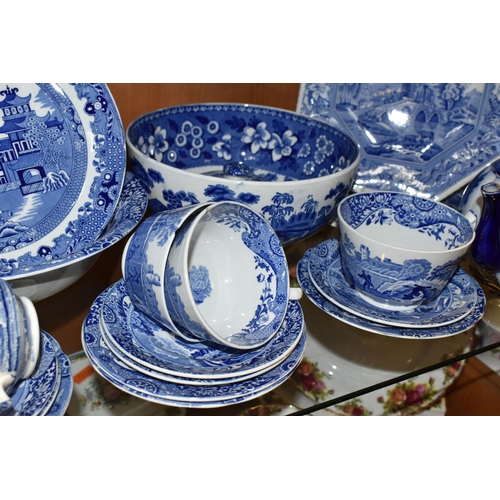 398 - A GROUP OF SPODE BLUE AND WHITE TEAWARE, comprising a Carlton Ware flow blue teapot (glued base), tw... 