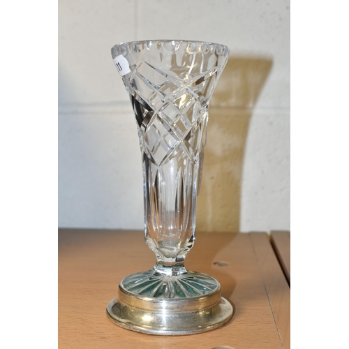 401 - A CUT CRYSTAL TRUMPET VASE, on a circular silver covered base, hallmarked Broadway & Co. Birmingham ... 