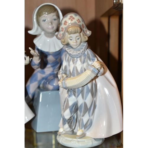 402 - A GROUP OF LLADRO FIGURES, comprising a Musical Harlequin set 'Circus Serenade' 5694 (end of violin ... 