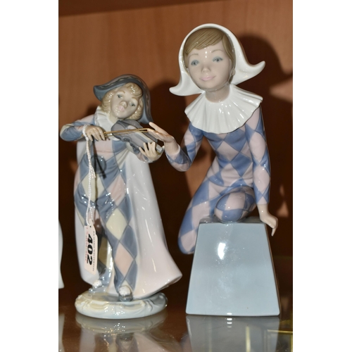 402 - A GROUP OF LLADRO FIGURES, comprising a Musical Harlequin set 'Circus Serenade' 5694 (end of violin ... 