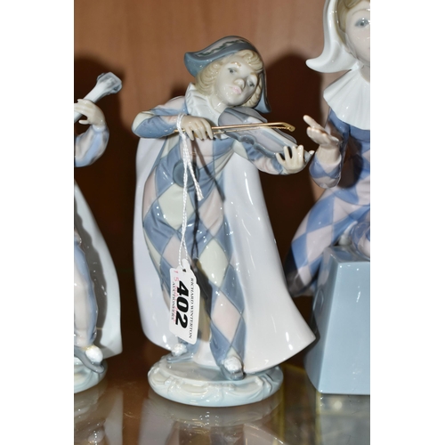 402 - A GROUP OF LLADRO FIGURES, comprising a Musical Harlequin set 'Circus Serenade' 5694 (end of violin ... 