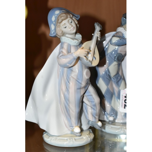 402 - A GROUP OF LLADRO FIGURES, comprising a Musical Harlequin set 'Circus Serenade' 5694 (end of violin ... 