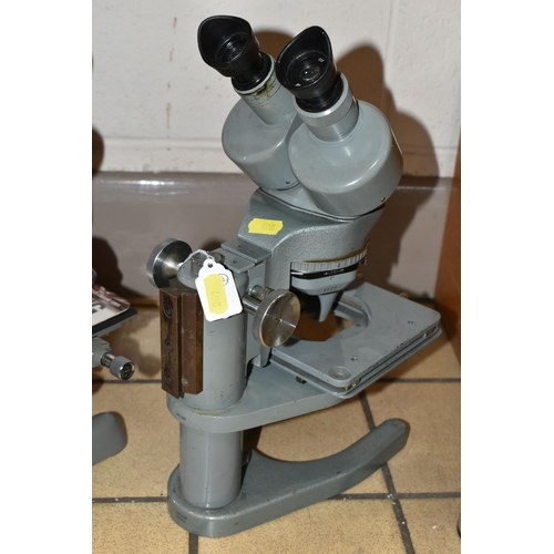 408 - TWO MID - CENTURY STEREOSCOPIC MICROSCOPES, comprising a Watson Barnet 143368 with wooden case and k... 