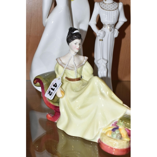 412 - TWO ROYAL DOULTON  FIGURES AND ONE SPODE FIGURE, by Pauline Shone 'Olivia', height 26cm, a pure whit... 