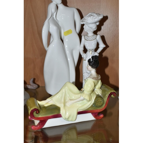 412 - TWO ROYAL DOULTON  FIGURES AND ONE SPODE FIGURE, by Pauline Shone 'Olivia', height 26cm, a pure whit... 