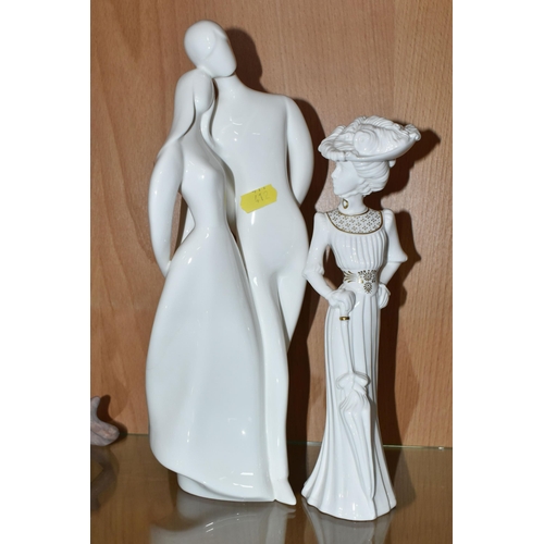 412 - TWO ROYAL DOULTON  FIGURES AND ONE SPODE FIGURE, by Pauline Shone 'Olivia', height 26cm, a pure whit... 