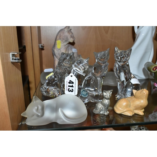 413 - A GROUP OF LENNOX CRYSTAL CAT FIGURES AND SIMILAR, comprising three clear Lennox Crystal sitting cat... 