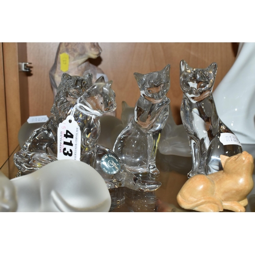 413 - A GROUP OF LENNOX CRYSTAL CAT FIGURES AND SIMILAR, comprising three clear Lennox Crystal sitting cat... 