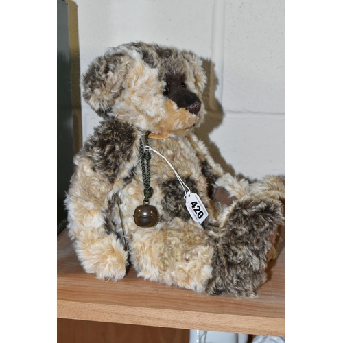 420 - A CHARLIE BEARS TEDDY BEAR, 'Squidge' no CB614881, fully jointed with patchwork style fur, height 38... 