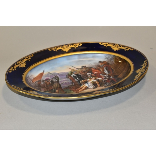 431 - A LATE 19TH CENTURY / EARLY 20TH CENTURY SEVRES STYLE OVAL PORCELAIN PLATTER, foliate scroll gilding... 