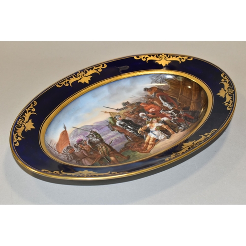 431 - A LATE 19TH CENTURY / EARLY 20TH CENTURY SEVRES STYLE OVAL PORCELAIN PLATTER, foliate scroll gilding... 