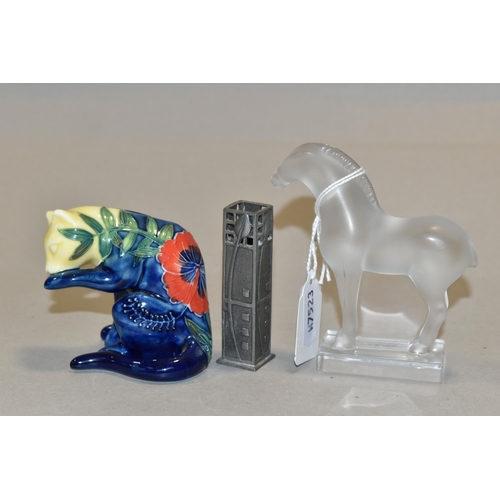 432 - A LALIQUE HORSE, AN OLD TUPTON WARE CAT AND A PEWTER TOOTHPICK HOLDER, comprising a Lalique 'Tang' h... 