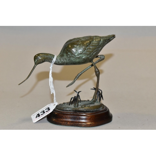 433 - PATRICIA A NORTHCROFT (CONTEMPORARY) A BRONZE SCULPTURE OF AN AVOCET, walking in a naturalistic sett... 