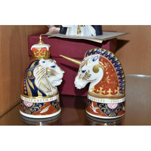 437 - THREE LIMITED EDITION CERAMIC CANDLE SNUFFERS, comprising a pair of Royal Worcester Lion & Unicorn c... 