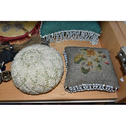 440 - A GROUP OF BEADED AND NEEDLEWORK ITEMS, to include two small beaded tapestry cushions with beaded fr... 