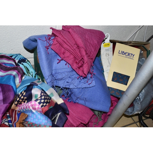 442 - TWO BOXES OF SCARVES, to include six Liberty scarves, a Dolce & Gabbana 90cm square scarf (as new wi... 