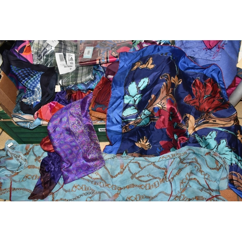 442 - TWO BOXES OF SCARVES, to include six Liberty scarves, a Dolce & Gabbana 90cm square scarf (as new wi... 