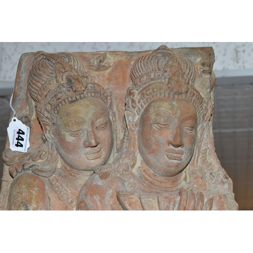 444 - A REPRODUCTION TERRACOTTA/CLAY TEMPLE FRIEZE, depicting Asian Gods on a black wooden base, height 50... 