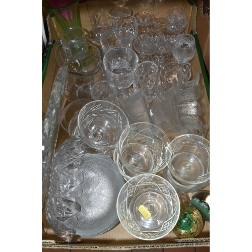 449 - TWO BOXES OF CRYSTAL AND GLASSWARE, to include a studio glass Pukeberg style hand paperweight, five ... 