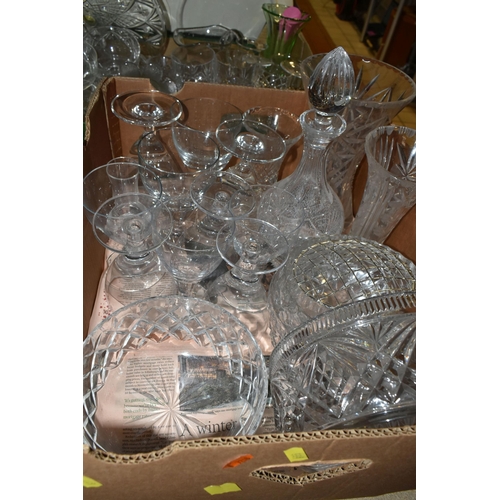 449 - TWO BOXES OF CRYSTAL AND GLASSWARE, to include a studio glass Pukeberg style hand paperweight, five ... 