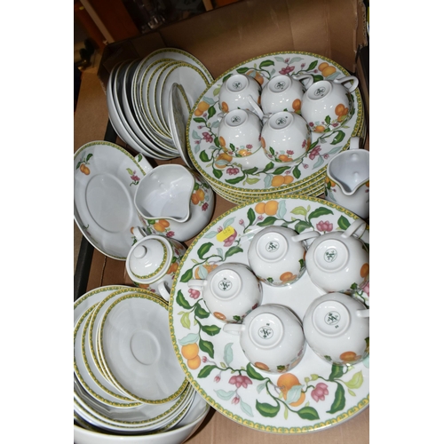 450 - FIVE BOXES OF CERAMICS, to include a Wedgwood 'Starflower' pattern coffee set, a VA dinner set made ... 