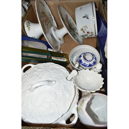 450 - FIVE BOXES OF CERAMICS, to include a Wedgwood 'Starflower' pattern coffee set, a VA dinner set made ... 