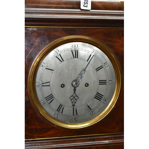 453 - A GEORGE III MAHOGANY AND BRASS MOUNTED BRACKET CLOCK AND BRACKET, the caddy top surmounted by a car... 