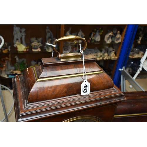 453 - A GEORGE III MAHOGANY AND BRASS MOUNTED BRACKET CLOCK AND BRACKET, the caddy top surmounted by a car... 